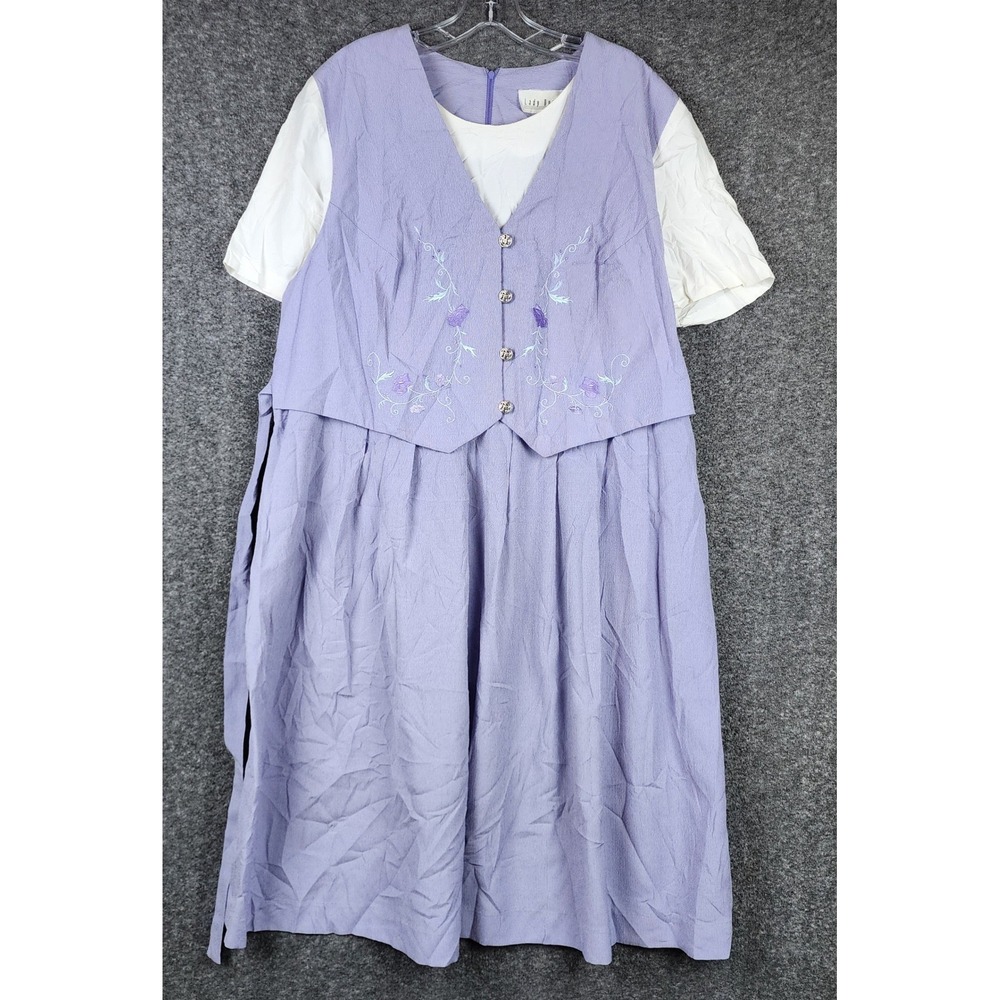 Lady Dorby Midi Dress Women XL Floral Embroidery Faux Layered Short Sleeve